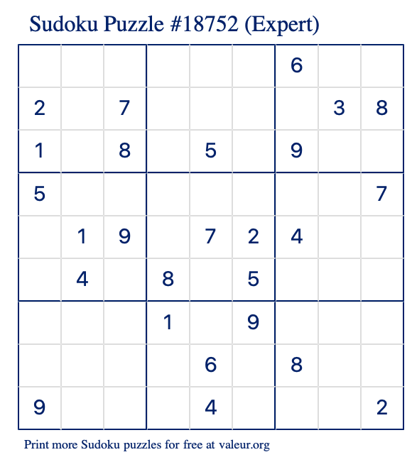 Free Printable Expert Sudoku Puzzle number 18752