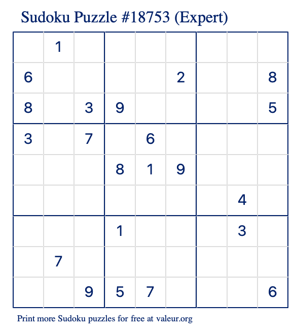 Free Printable Expert Sudoku Puzzle number 18753