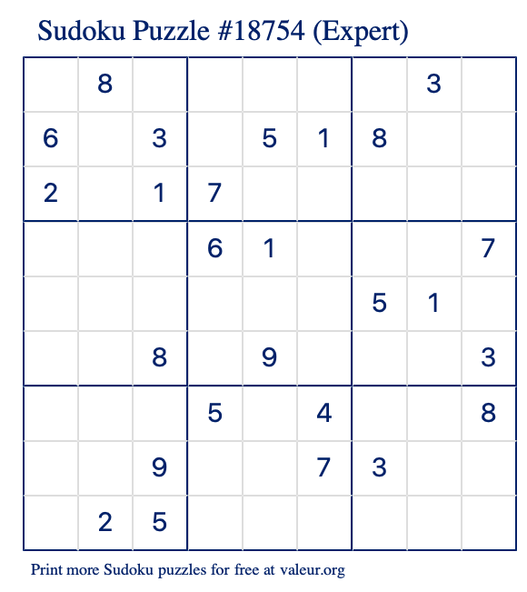 Free Printable Expert Sudoku Puzzle number 18754