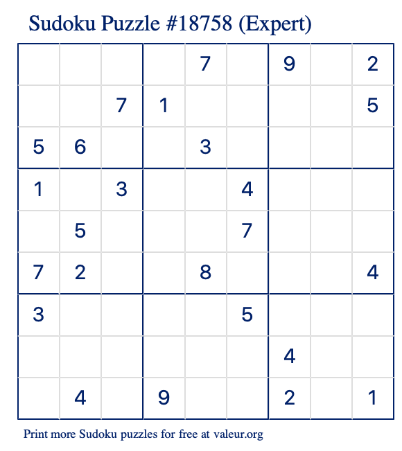 Free Printable Expert Sudoku Puzzle number 18758