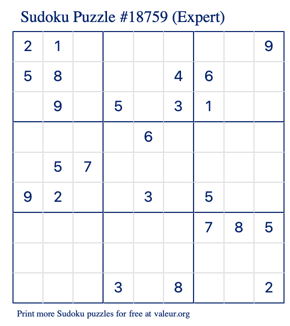 Free Printable Expert Sudoku Puzzle number 18759