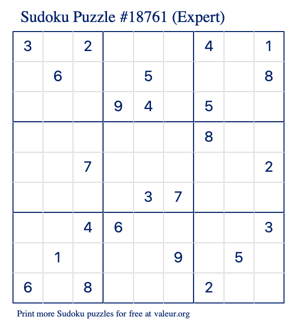 Free Printable Expert Sudoku Puzzle number 18761