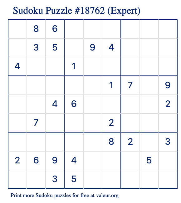 Free Printable Expert Sudoku Puzzle number 18762