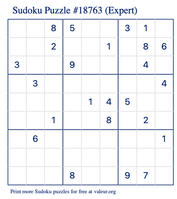 Free Printable Expert Sudoku Puzzle number 18763