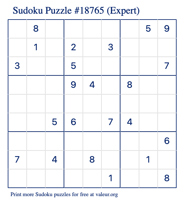 Free Printable Expert Sudoku Puzzle number 18765