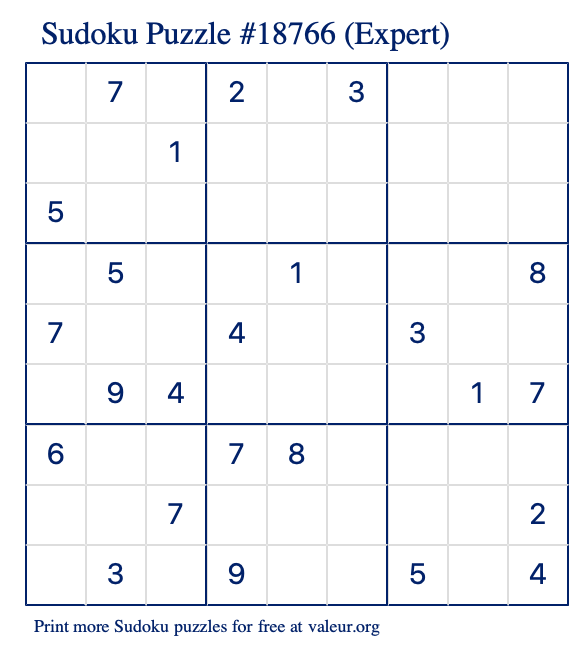 Free Printable Expert Sudoku Puzzle number 18766