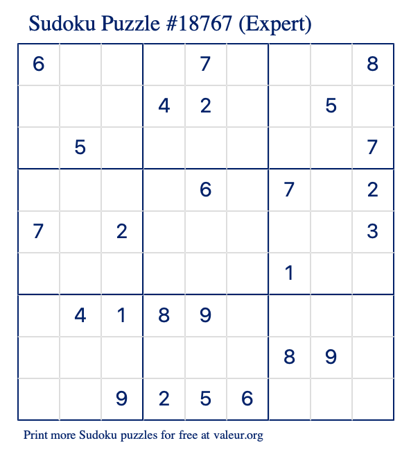 Free Printable Expert Sudoku Puzzle number 18767