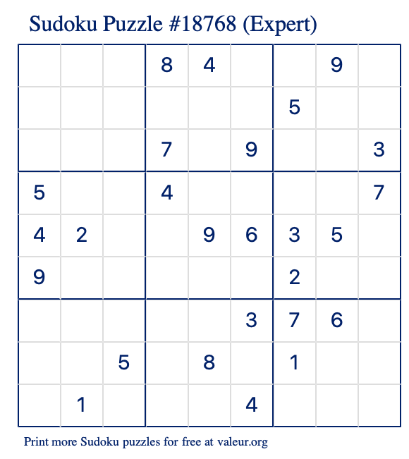 Free Printable Expert Sudoku Puzzle number 18768