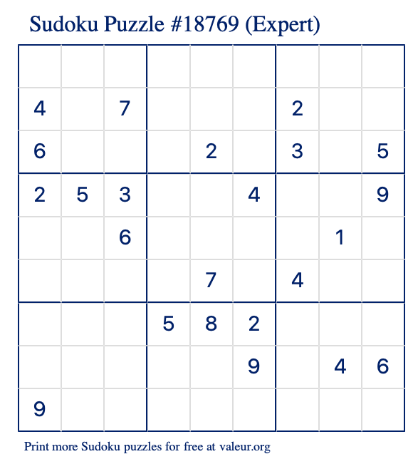 Free Printable Expert Sudoku Puzzle number 18769