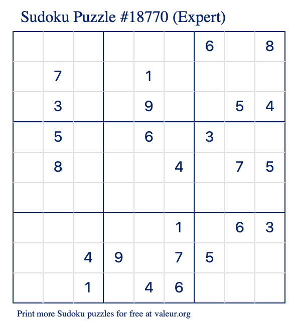 Free Printable Expert Sudoku Puzzle number 18770
