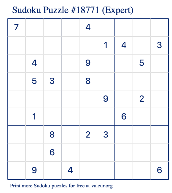 Free Printable Expert Sudoku Puzzle number 18771