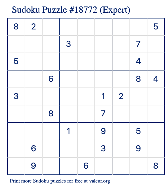 Free Printable Expert Sudoku Puzzle number 18772