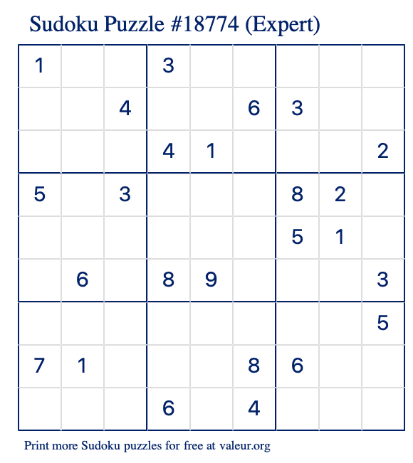 Free Printable Expert Sudoku Puzzle number 18774