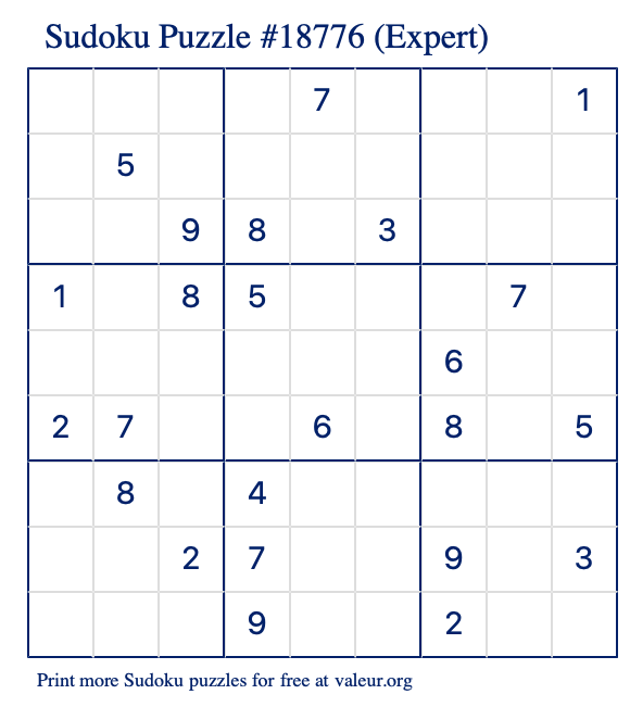 Free Printable Expert Sudoku Puzzle number 18776