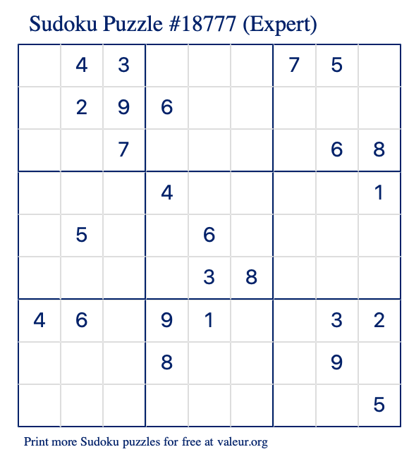Free Printable Expert Sudoku Puzzle number 18777
