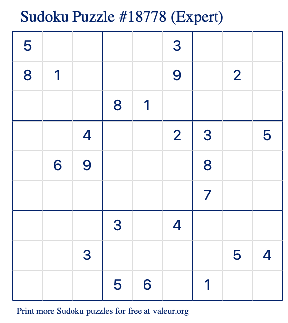 Free Printable Expert Sudoku Puzzle number 18778