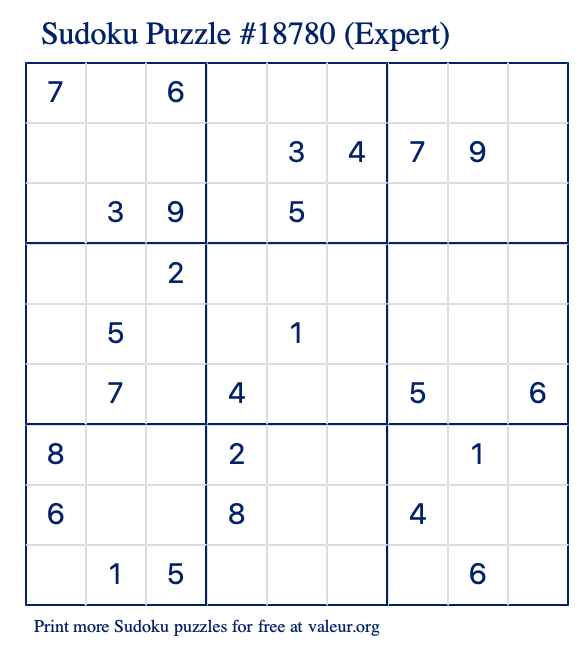 Free Printable Expert Sudoku Puzzle number 18780