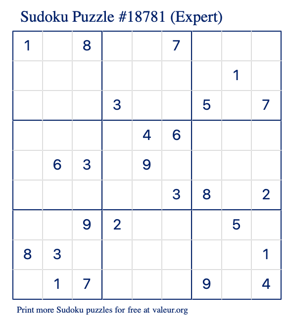 Free Printable Expert Sudoku Puzzle number 18781