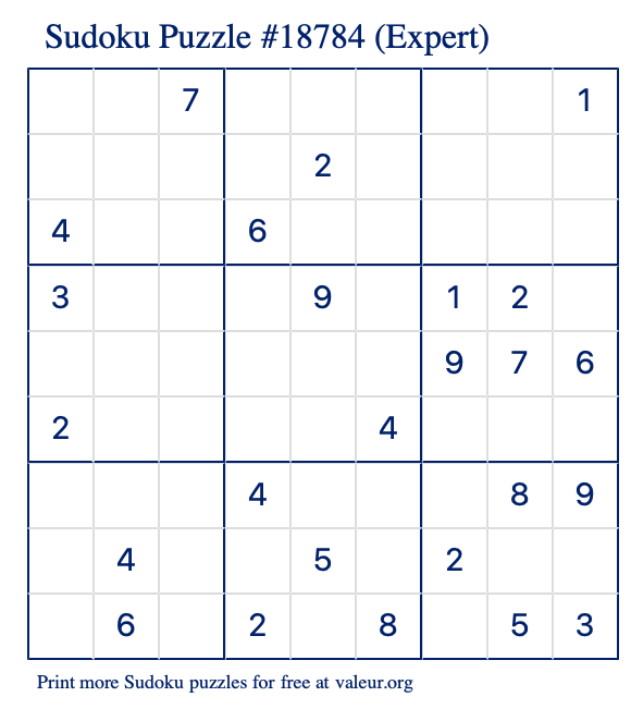 Free Printable Expert Sudoku Puzzle number 18784
