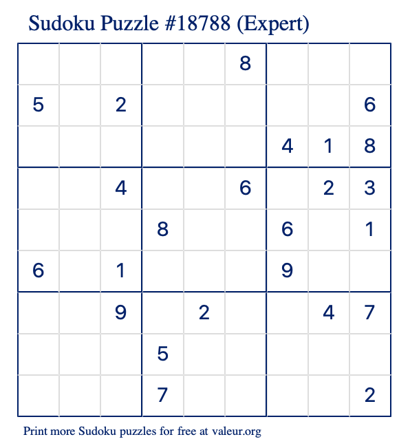 Free Printable Expert Sudoku Puzzle number 18788