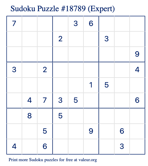 Free Printable Expert Sudoku Puzzle number 18789