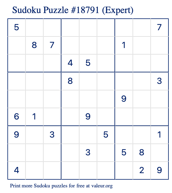 Free Printable Expert Sudoku Puzzle number 18791
