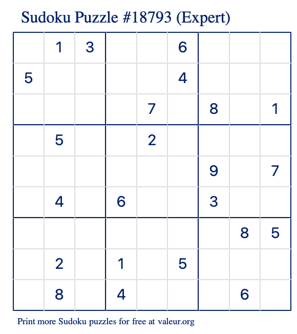 Free Printable Expert Sudoku Puzzle number 18793