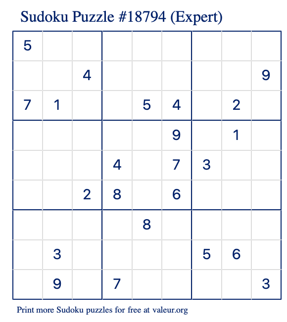 Free Printable Expert Sudoku Puzzle number 18794