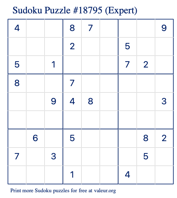 Free Printable Expert Sudoku Puzzle number 18795