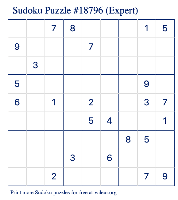 Free Printable Expert Sudoku Puzzle number 18796