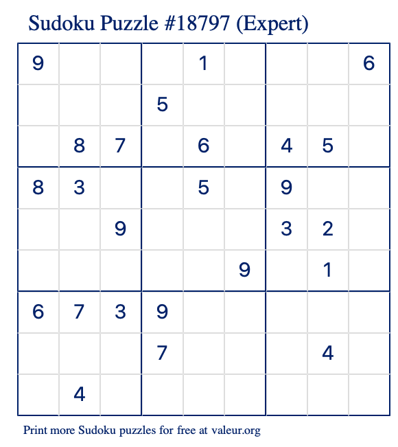 Free Printable Expert Sudoku Puzzle number 18797