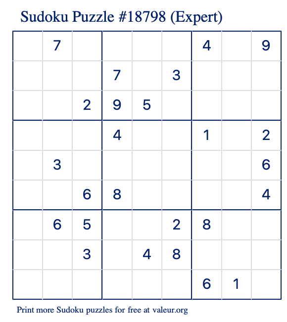 Free Printable Expert Sudoku Puzzle number 18798