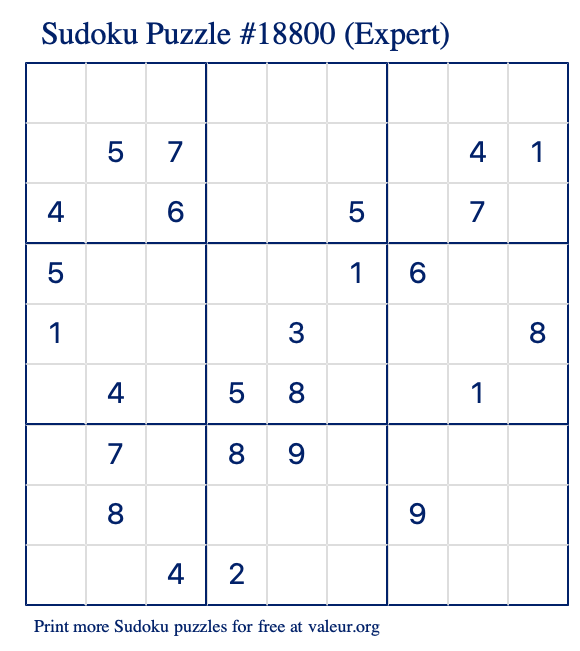 Free Printable Expert Sudoku Puzzle number 18800