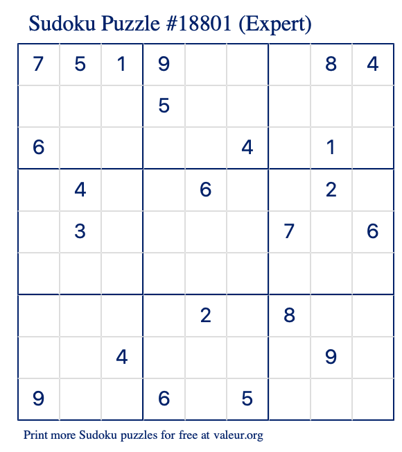 Free Printable Expert Sudoku Puzzle number 18801