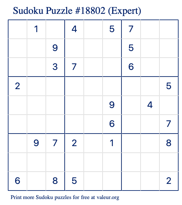 Free Printable Expert Sudoku Puzzle number 18802