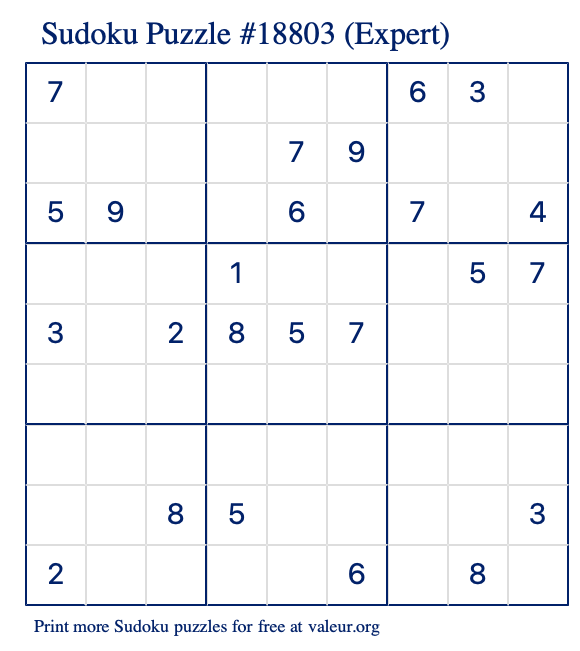 Free Printable Expert Sudoku Puzzle number 18803