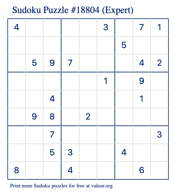 Free Printable Expert Sudoku Puzzle number 18804