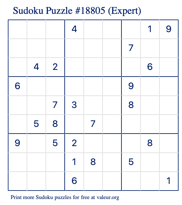 Free Printable Expert Sudoku Puzzle number 18805