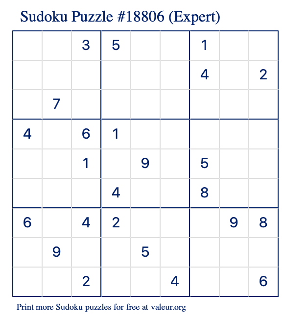 Free Printable Expert Sudoku Puzzle number 18806