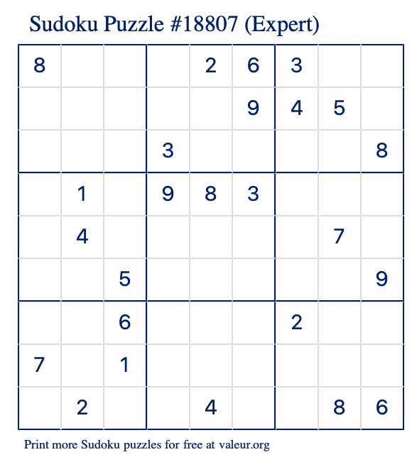 Free Printable Expert Sudoku Puzzle number 18807