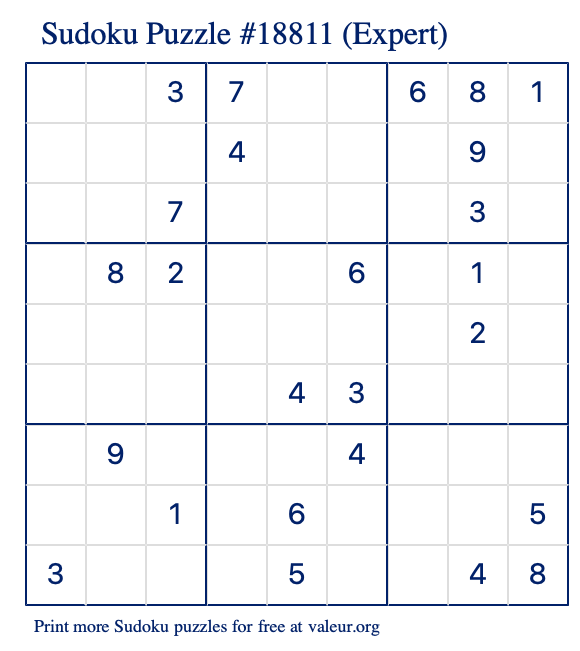 Free Printable Expert Sudoku Puzzle number 18811