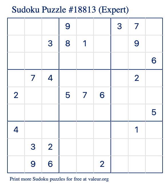 Free Printable Expert Sudoku Puzzle number 18813