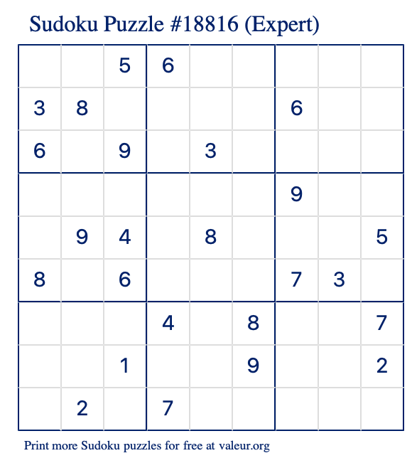 Free Printable Expert Sudoku Puzzle number 18816