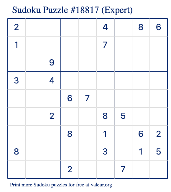 Free Printable Expert Sudoku Puzzle number 18817