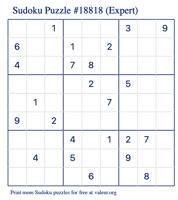 Free Printable Expert Sudoku Puzzle number 18818