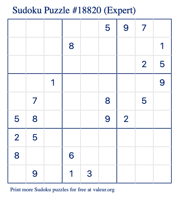 Free Printable Expert Sudoku Puzzle number 18820