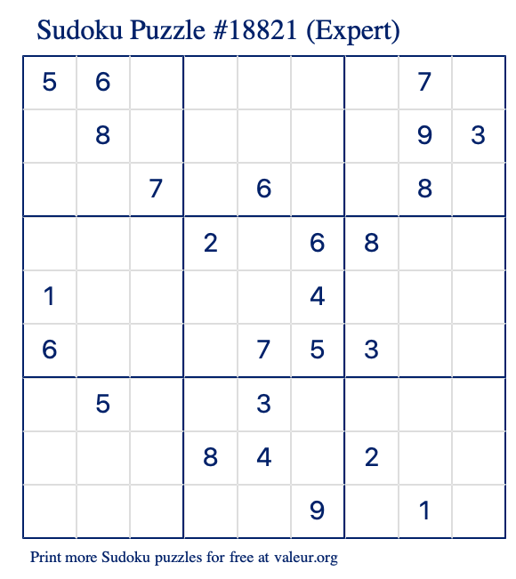 Free Printable Expert Sudoku Puzzle number 18821