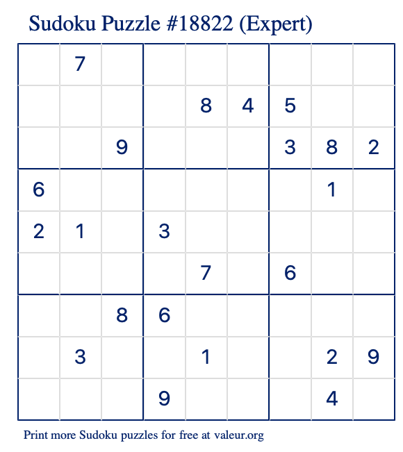 Free Printable Expert Sudoku Puzzle number 18822