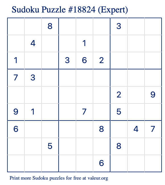 Free Printable Expert Sudoku Puzzle number 18824