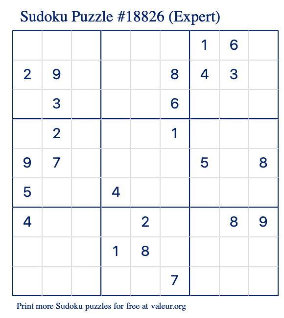 Free Printable Expert Sudoku Puzzle number 18826